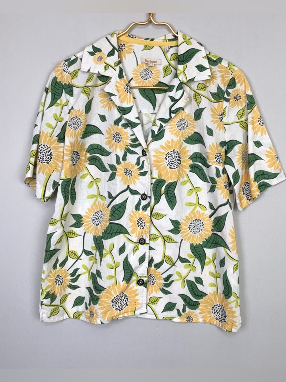 Barbour US Sz 4 Bloomfield Sunflower‎ Floral Linen Cotton Button Down Camp Shirt